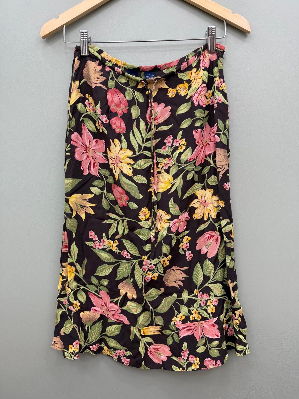 Vintage GAP Floral Midi Skirt 4 Black Pink Rayon 90s Bias Cut Cottagecore